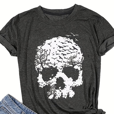 Skull Halloween Pattern T-shirt, Casual Crew Neck Short Sleeve T-shirt, Women's Clothing