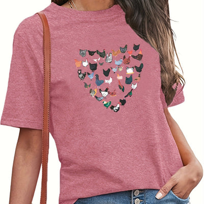 Cluckin' Chic: Chicken Print Crew Neck T-Shirt - A Fun and Casual Must-Have for Spring/Summer