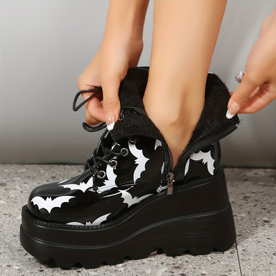 Stylish Halloween Platform Ankle Boots: Women's Bat Pattern Wedge Heeled Boots