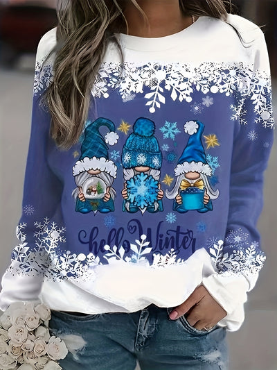 This winter-themed plus size sweatshirt will keep you comfortable in style. Crafted with a cotton blend and featuring a festive gnome and snowflake design, this casual top will be a go-to piece throughout the chilly season.