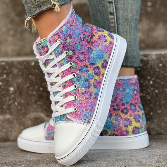 Step into these vibrant leopard-pattern canvas shoes. Crafted with a glittery sequin print and lace-up closure for optimal comfort and style, the round toe and luxurious texture make this an essential fashion favorite.