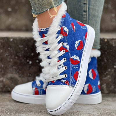 Keep warm and comfy this winter with these plush high-top canvas shoes. Featuring a cartoon lip pattern printed on the fuzzy upper, these shoes provide superior comfort thanks to their soft sole and secure lace-up closure. Enjoy a stylish look with ultimate comfort!