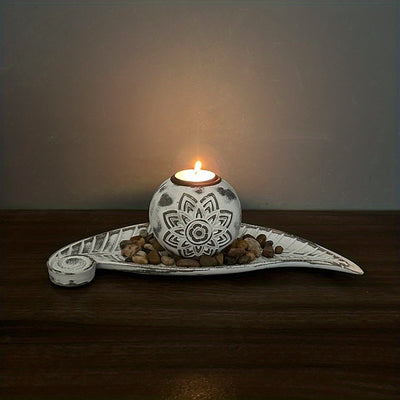 Elevate the ambiance of any space with our Rustic Elegance Wooden Gray Leaf Candle Holder Set with Tray. This on-trend set includes leaf ball candle holders and a tray, perfect for adding a cozy touch to any room. Made with love, this set is a fantastic gift idea for any occasion, including Christmas, Mother's Day, and birthdays.