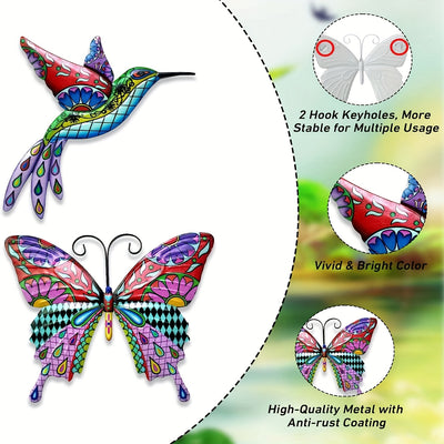 Elegant Metal Hummingbird and Butterfly Outdoor Wall Art Decor - Vibrant Yard Sculptures for Stunning Garden Decor