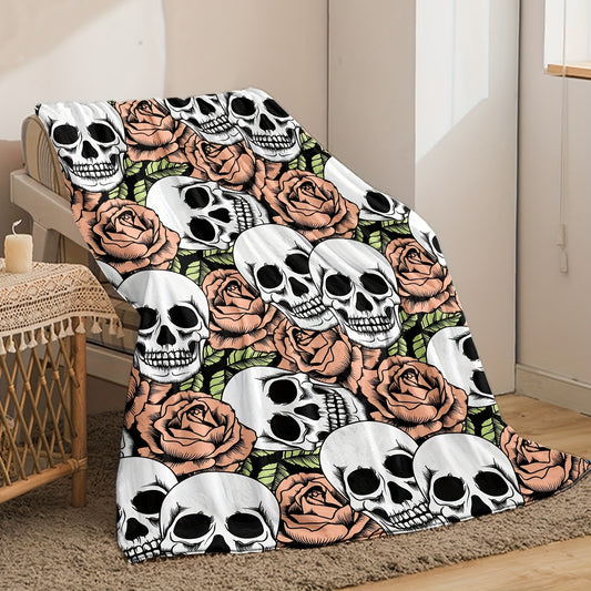 Halloween Skull Flower Print Flannel Blanket: Soft and Warm Multi-Purpose Gift for All Seasons