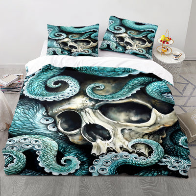 Unique and Mysterious: 3-Piece Octopus Skull Print Polyester Duvet Cover Set for an Eye-catching Bedroom Décor - Includes 1 Duvet Cover and 2 Pillowcases (No Core)