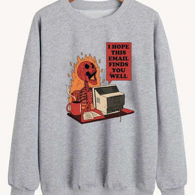 Funny Skull Slogan Print Sweatshirt: Perfect Plus-Size Halloween Casual Wear with Long Sleeve & Round Neck