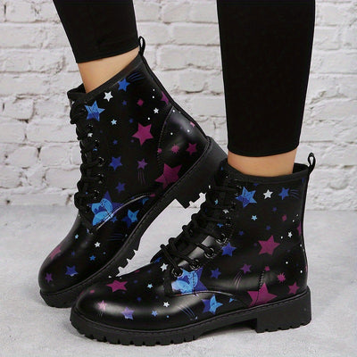 Stylish Starry Nights: Women's Lace-Up Ankle Boots - Comfortable, Trendy, and Non-Slip!