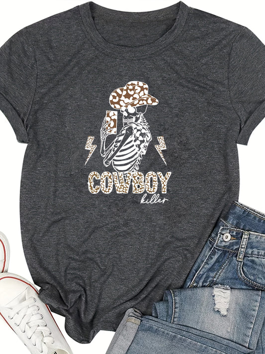 Leopard Skull Cowboy Pattern Tshirt: A Unique Women's Clothing with Casual Style