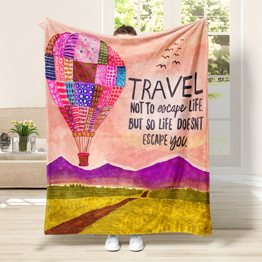 This cozy handmade flannel blanket will be your ultimate companion for any occasion. Its unique hot air balloon design is carefully hand-painted, adding a touch of style to any room. Perfect for office, camping, and travel, Up, Up, & Cozy is your versatile companion.