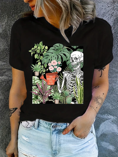 This Gothic Floral Skull Women's Plus Size T-Shirt features a medium-stretch cotton blend material with a short-sleeve and round neck design. Enjoy the comfortable fit and be sure to turn heads with the unique skull and floral pattern.