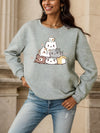 Feline Finesse: Cute Cat Print Sweatshirt - Trendy Long Sleeve Crew Neck for Women