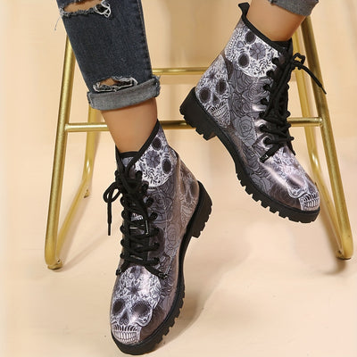 Horror Chic: Women's Skull Print Short Boots - Halloween-inspired Fashion with Lace-up Comfort