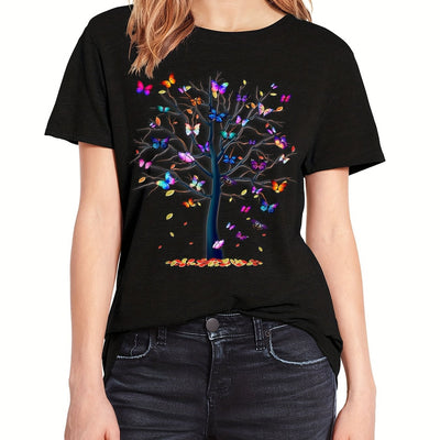 Colorful Butterfly Tree Print Crew Neck T-Shirt: A Vibrant Addition to Your Spring/Summer Wardrobe
