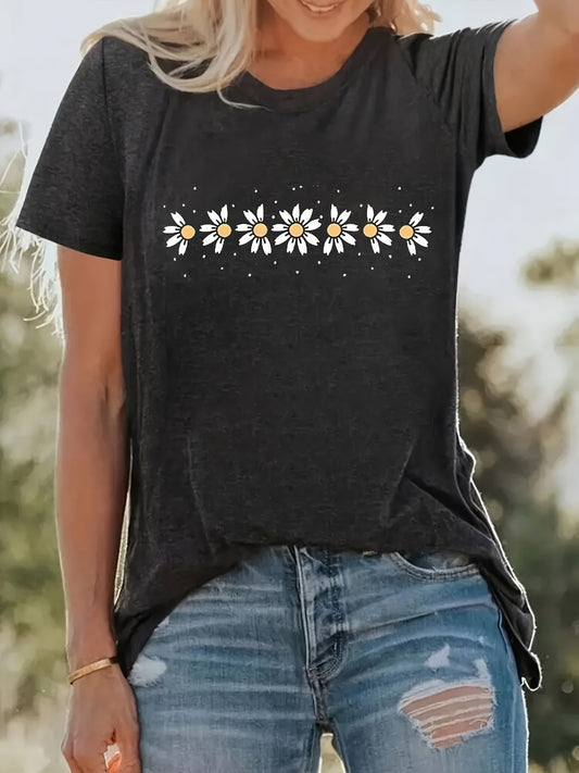 Add a touch of femininity to your casual wardrobe with the Summer Blossom floral print t-shirt. The short sleeves and chic design make it the perfect option for any summer day. Stay stylish and comfortable with this must-have piece.