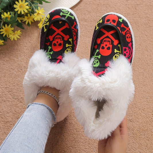 Women's Skull Pattern Fluffy Snow Boots: Stay Warm and Stylish this Winter with Halloween-inspired Ankle Boots!