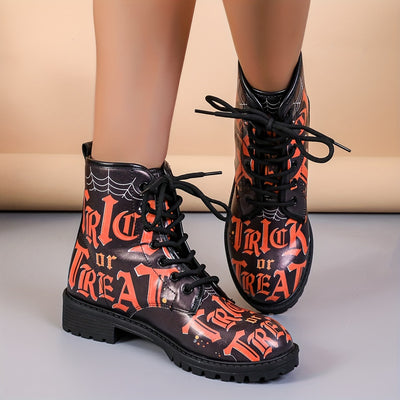 Stylish and Spooky: Women's Halloween Print Combat Boots - Lace-Up, Lug Sole Ankle Boots for Casual All-Match Appeal