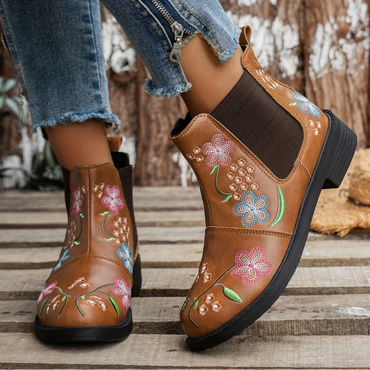 Look stylish and feel comfortable with these flower embroidery ankle boots. Featuring a slip-on Chelsea design and a round toe, these stretchy boots provide a secure fit with enhanced comfort. Wearable for any occasion, these durable boots are perfect for completing any look.