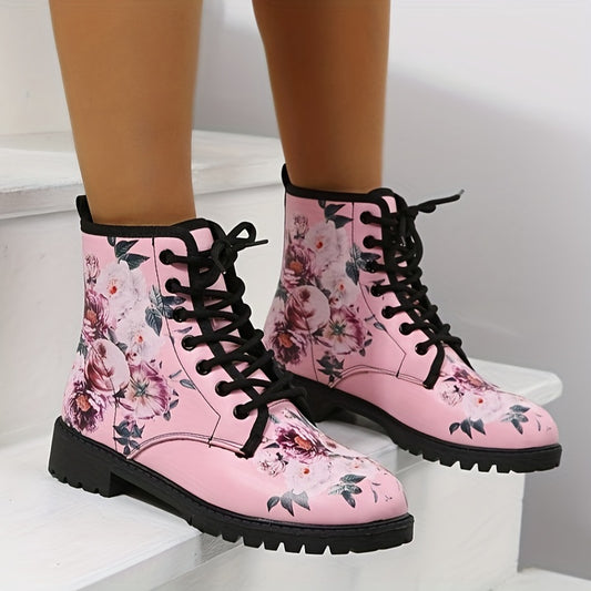 These stylish women's ankle boots feature a chic floral pattern and convenient lace-up closure. The chunky combat boot design is fashionable and comfortable, with non-slip soles that provide stability for all-day wear.