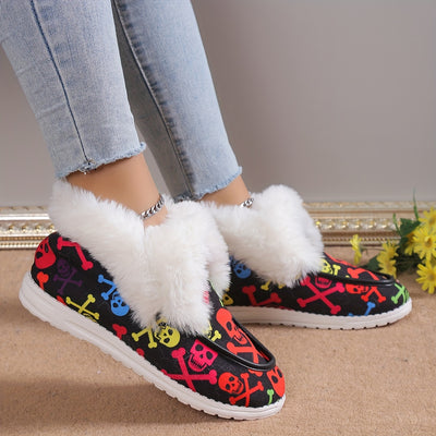 Women's Skull Pattern Fluffy Snow Boots: Stay Warm and Stylish this Winter with Halloween-inspired Ankle Boots!