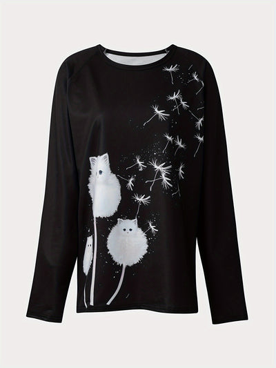 Dandelion Dream: Cute Cat Print Sweatshirt - Casual and Comfy Crew Neck Long Sleeve Top for Women