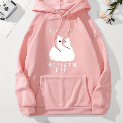 Feline Fashionista: Cute Cat Print Hoodie for Women, featuring Versatile Drawstring & Kangaroo Pocket