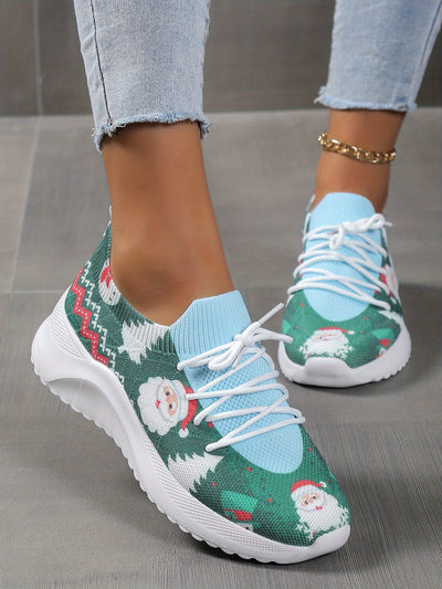 Festive and Funky: Women's Cartoon Santa Claus Print Sneakers - Comfy Christmas Shoes for the Holiday Spirit