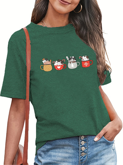 Cute and Quirky: Cup Cat Print Crew Neck T-Shirt - Casual Short Sleeve Top for Spring/Summer Women's Clothing