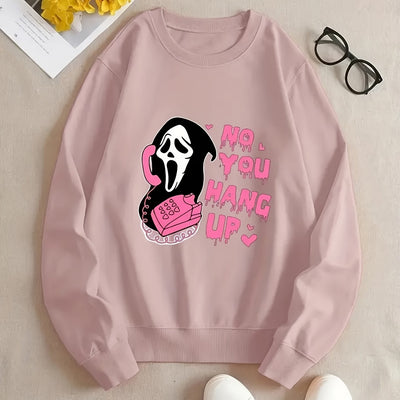 Skull & No You Hang Up Print Pullover Sweatshirt, Casual Long Sleeve Crew Neck Sweatshirt For Fall & Winter, Women's Clothing