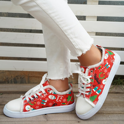 Festive Footwear: Women's Christmas Print Canvas Shoes – Casual Lace-up Outdoor Shoes Lightweight Low-top Sneakers