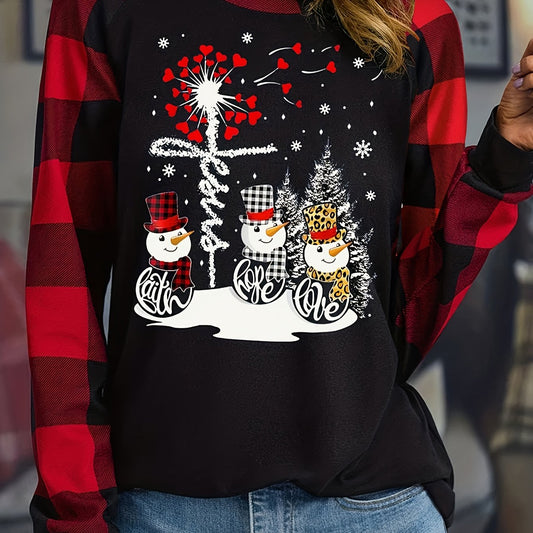 Stylish Plus-Size Christmas T-Shirt: Women's Plaid Snowman Cross Dandelion Print Raglan Sleeve Round Neck Medium Stretch Top