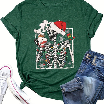 Festive and Fun: Christmas Drinking Skeleton Print T-Shirt - Casual Short Sleeve Crew Neck Top for Women