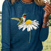 Whimsical Bird and Flower Print Crew Neck T-Shirt: A Perfect Casual Long Sleeve for Spring-Fall