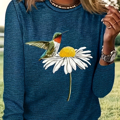 Whimsical Bird and Flower Print Crew Neck T-Shirt: A Perfect Casual Long Sleeve for Spring-Fall