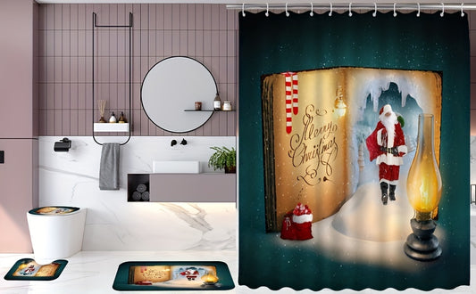 Add a festive touch to your Christmas decor with the luxurious Festive Santa Claus Shower Curtain Set. This stylish and water-resistant set features a curtain, rug, toilet cover and more, all designed with vibrant colors and Santa Clause illustrations that will liven up any bathroom.