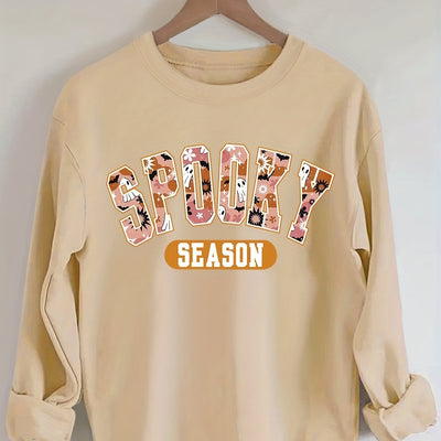 Women' Spooky Print Sweatshirt, Casual Long Sleeve Crew Neck Sweatshirt For Fall & Winter, Women's Clothing