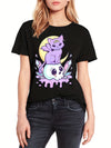 Fierce and Playful: Cartoon Cat Skull Print Crew Neck T-Shirt - Stay Cool and Stylish this Spring/Summer!