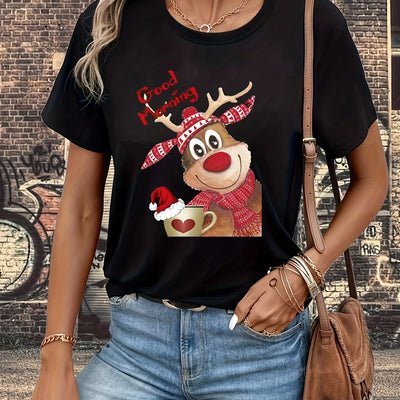 Stylish and Festive: Christmas Deer Pattern T-Shirt - Perfect for Spring-Summer Fashion