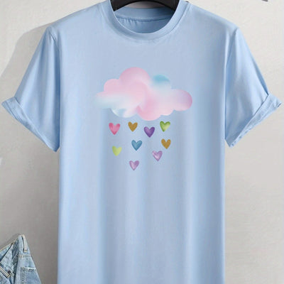 Heart Showers: Men's Colorful Cloud Print Tee for a Fun and Casual Summer Look