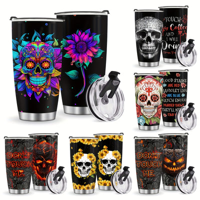 Spooky Delights: Halloween Skull Pumpkin Coffee Tumbler - Cold Insulated Coffee Cups for All-Season Sipping - 20oz Stainless Steel Travel Mug with Lid - Ideal Gifts for Skull Lovers and Friends