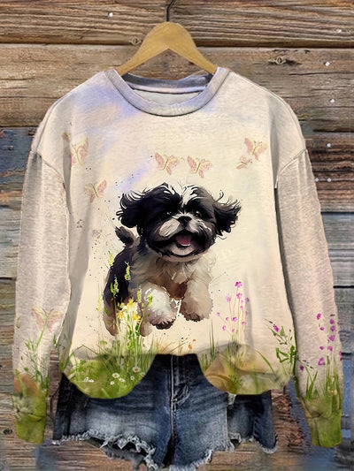 Puppy Print Perfection: A Cozy Companion for Fall and Winter - Women's Casual Long Sleeve Crew Neck Sweatshirt