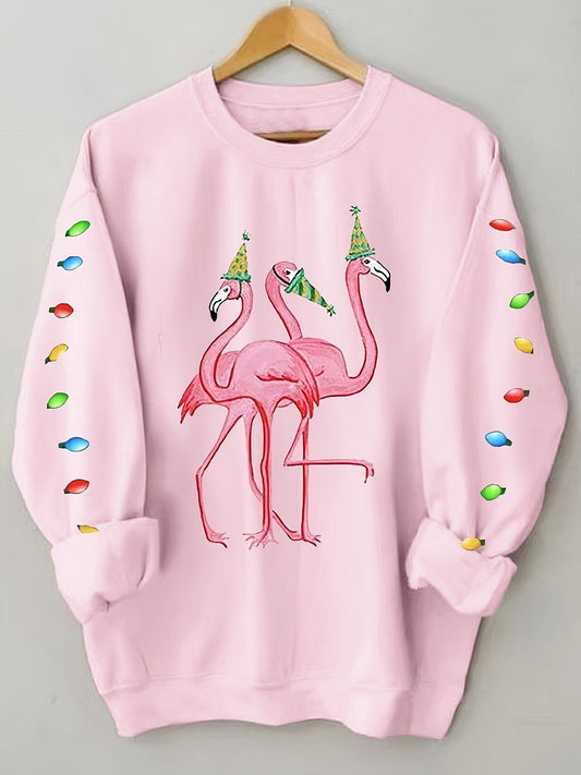 Spread holiday cheer in our Festive Flamingo Christmas Flamingo Print Loose Sweatshirt. Featuring a colourful festive flamingo motif on a quality cotton blend fabric, this stylish top is perfect for completing your Christmas wardrobe.