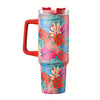 40oz Floral Pattern Tumbler With Lid And Straw, Stainless Steel Thermal Water Bottle With Handle, The Perfect Gift for Any Occasion