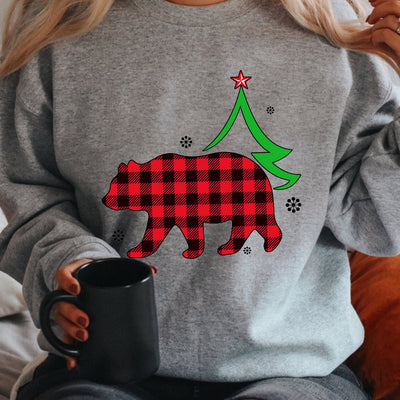 Cute and Cozy: Christmas Bear Print Sweatshirt - Casual Long Sleeve Crew Neck Sweatshirt for Women's Clothing