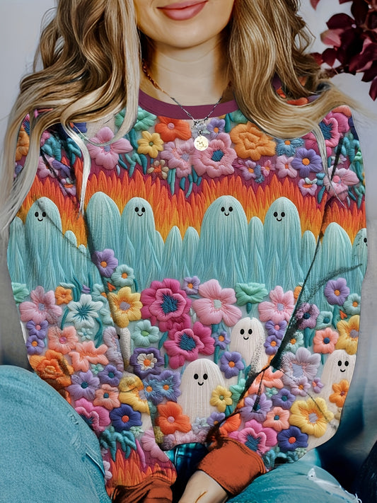 Experience the spooky season in style with our Haunted Blooms: Halloween-inspired Flower Ghost Print Sweatshirt for Women. Made with soft and cozy fabric, this sweatshirt features a unique ghost print design, perfect for adding a touch of Halloween to your wardrobe. Stay warm and on trend this season with this must-have sweatshirt.
