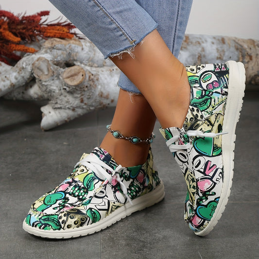 Express Your Artistic Side with Women's Graffiti Pattern Shoes: Slip-On, Low Top Lace-Up, Non-Slip Canvas Shoes - Lightweight & Comfy