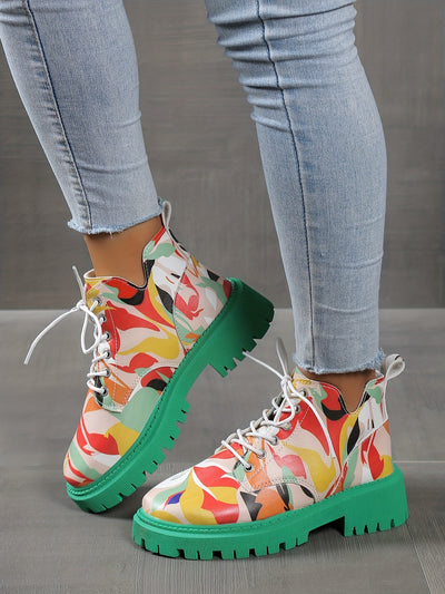 Women's Vibrant Print Boots: Lace-up Platform Casual Hiking Shoes for Versatile, Cool & Trendy Style