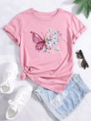 Floral Butterfly Delight: Women's Plus Size Short Sleeve T-Shirt with a Slight Stretch and Casual Tee