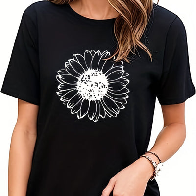 Sunflower Bliss: A Stylish and Comfortable Casual Crew Neck Short-Sleeve Summer T-Shirt for Women