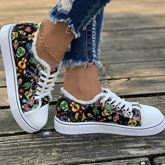 Women's Halloween Skull Pattern Canvas Sneakers: Spook up Your Style with Lace-Up Low Top Flats for Casual Walking